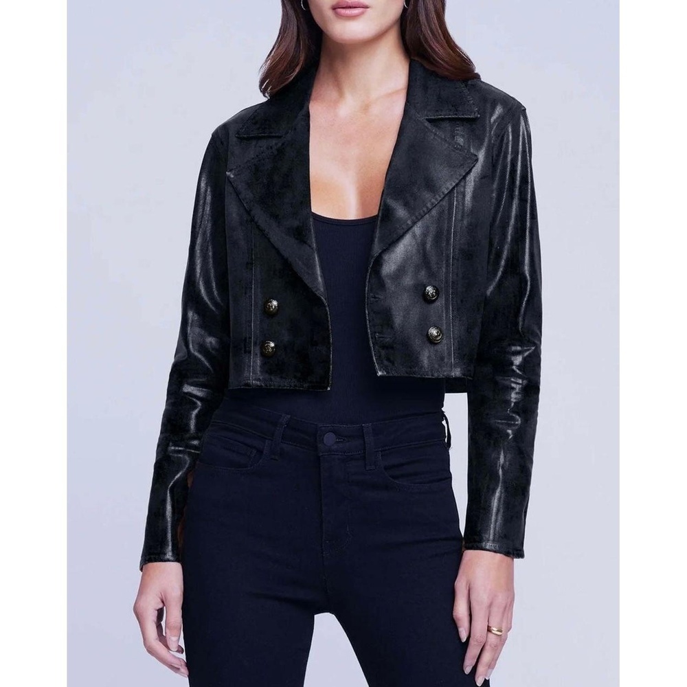 L'agence Noir Coated Laverne Cropped Biker Jacket L Black Double Breasted $575